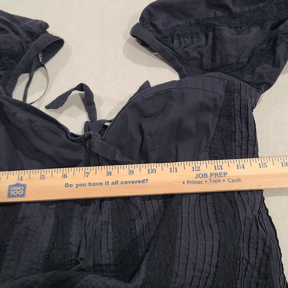Lulus Black Mini Milkmaid Dress Pleated Lace Ruffle Hem Open Tie Back Size M - Picture 13 of 15